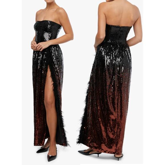 WeWoreWhat Sequins Strapless Corset Feathered Formal Gown Black/Brown Womens 2 - Picture 1 of 7